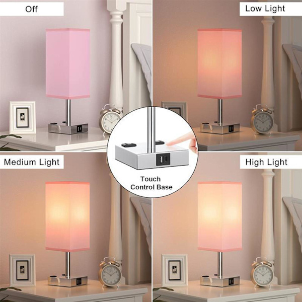 Stof Bordlampe Berøringsdæmpning A+c Usb 2 Huller Ac Stik Soveværelse Natbord Lampe