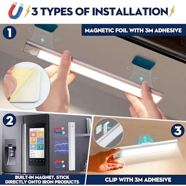 LED Kitchen Lighting, Wireless USB Rechargeable Wardrobe Light, 6000K LED Under Cabinet Lighting, Magnetic Dimmable with Motion Sensor (20cm * 2-pack)