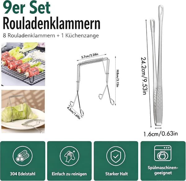 8 köttklämmor med grilltång, rullar i rostfritt stål