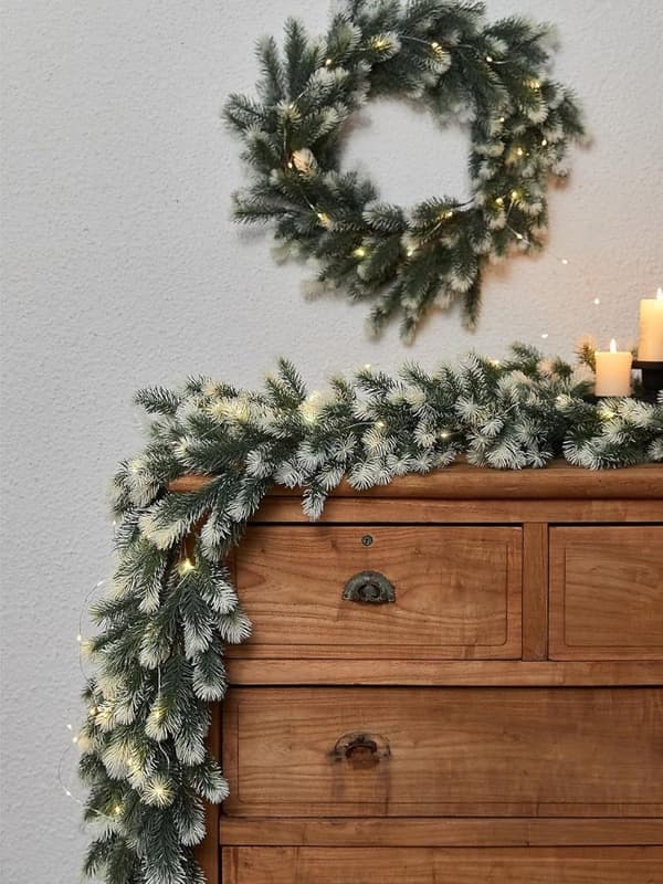 Julekrans med belysning, juledekorasjon, festlig dekorasjon, vinterdekorasjon, kunstig granbar 1,8 m