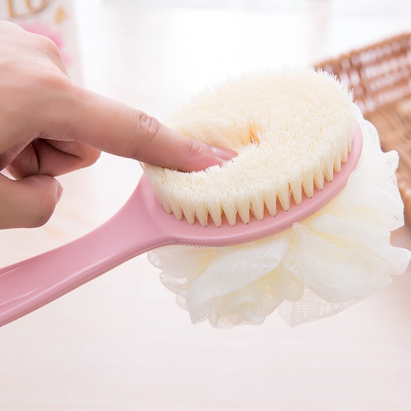 Långskaftad Duschkroppsborste, Badryggskrubba med Komfortborst och Loofah för Peeling av Huden, Våt eller Torr Borstning för Ljusrosa