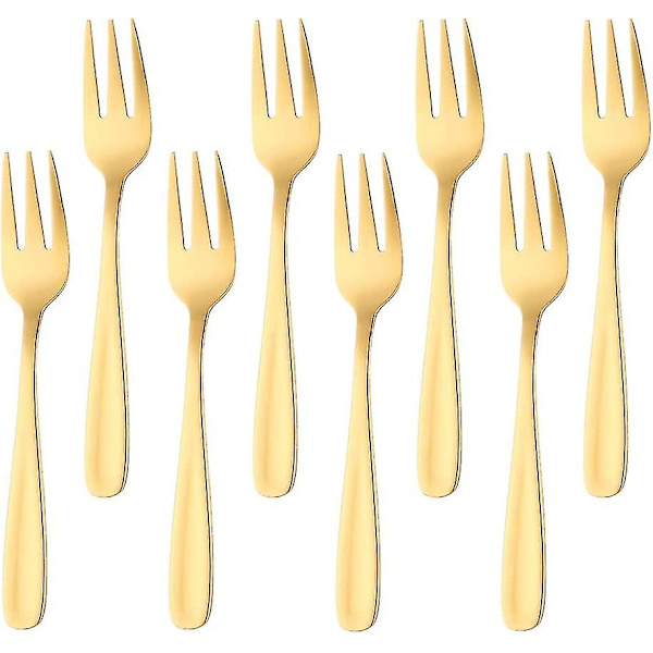 Kakegaffel i rustfritt stål med 3 tenner, fruktgaffel, 8-delt gullgaffelsett, speilpolert, perfekt for bryllup, fest, dessert