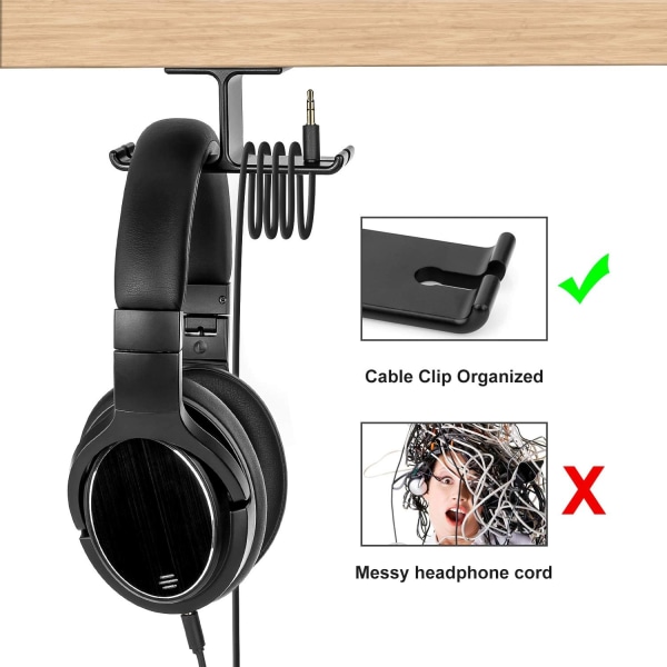 Hovedtelefonholder Aluminiumshovedsætholder, Gaming Headset Holder til hovedtelefonkrog Bøjlebeslag under skrivebordet med kabelorgani