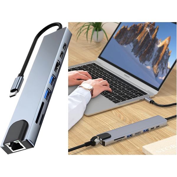 Sovitin 8-in-1 USB-C - Thunderbolt, HDMI, SD ja RJ45