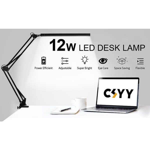 Led bordlampe, 12w sammenleggbar bordlampe med klemme, 10 lysstyrkenivåer 3 moduser, sammenleggbar usb-lampe for sengegavl, lesing, arbeid, studie