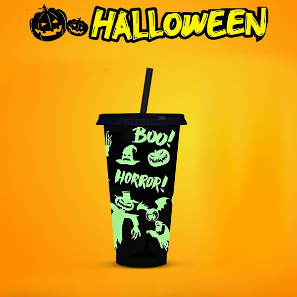 Halloween Straw Cup med Lopp, Gjenbrukbar Plastkopp, Lysende Drikkkopp