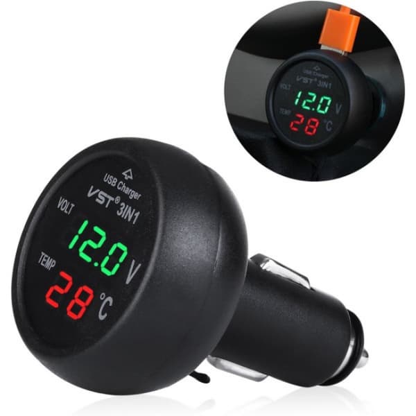 1. 12-24V billaderuttak med USB-port/voltmeter/termometer