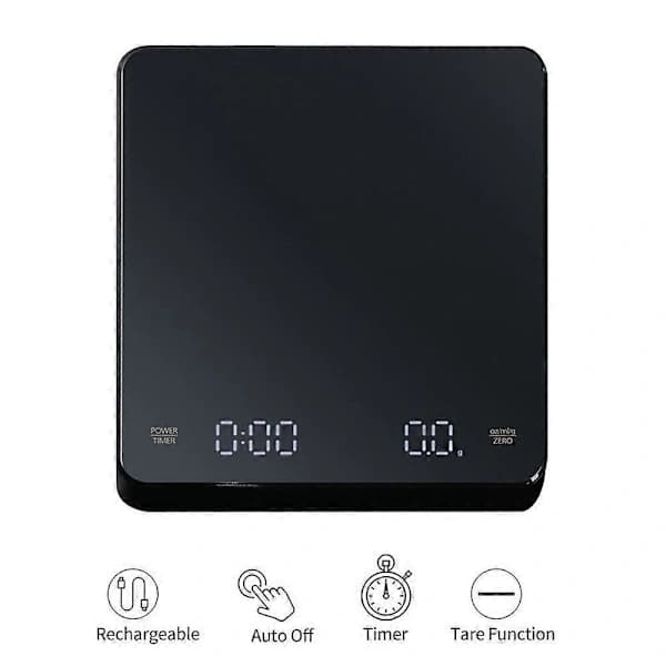 Digital kaffevåg med timer, LED-display, Espresso, USB, 3 kg maxvikt, 0,1 g hög precision, mäter i Oz/ml/g, köksvåg
