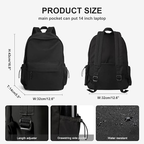 Lightweight Water-Resistant Backpack, Black