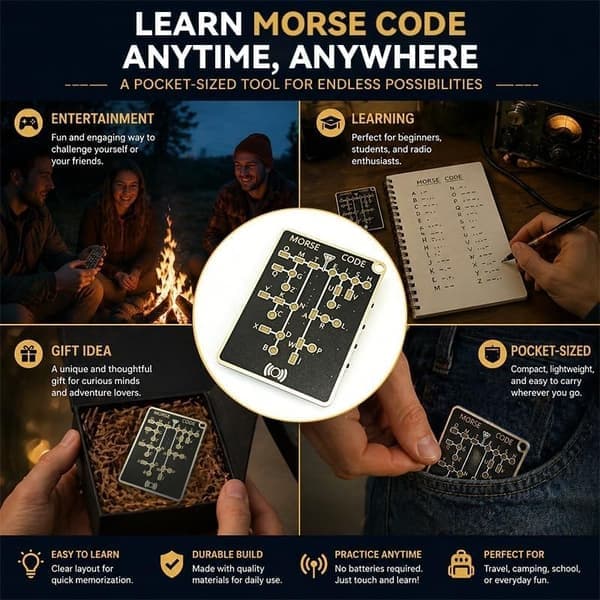 Morse Training Card Pro, Portable Interactive LED Telegraph Trainer with Signal Buttons, Audiovisual Feedback & Recording/Playback Function