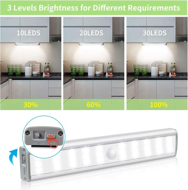 Bevegelsessensor Garderobelys 30 LED Bevegelsessensorlamper 3 Lysstyrkenivåer