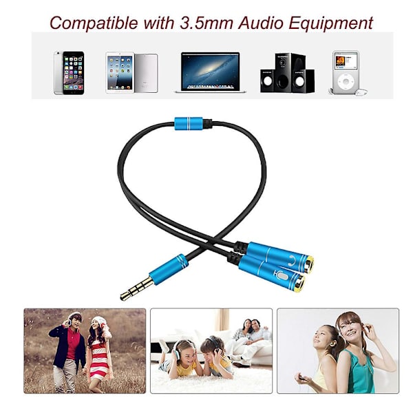 3,5 mm Øretelefon Mikrofon Hovedtelefon Lyd Splitter Adapter Kabel Han til Hun Blå