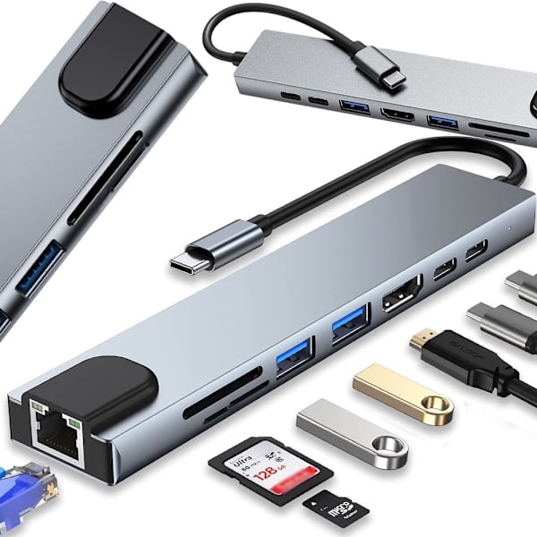 Sovitin 8-in-1 USB-C - Thunderbolt, HDMI, SD ja RJ45
