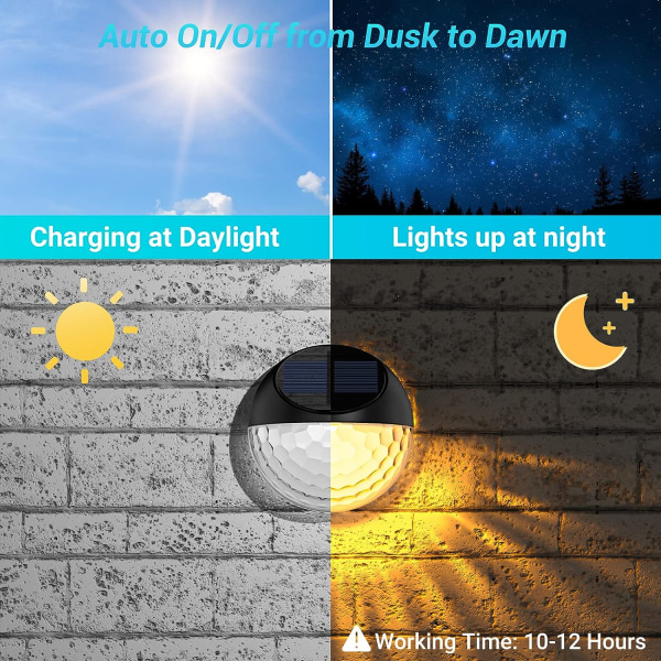 Sett med 4 LED Solcellelamper Utendørs Vegglampe IP65 Vanntett Dekorativ Veggbelysning Varmt Hvitt Lys, Gjerdelampe Vegg Terrasse Hage