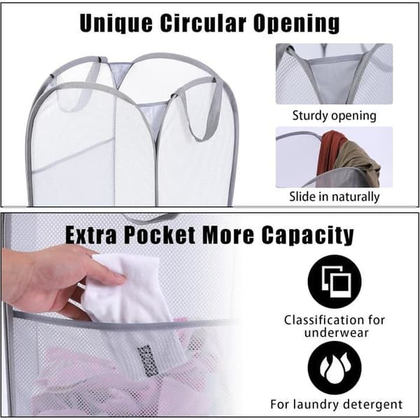 Horizontal Mesh Laundry Hamper. Side Pocket, Handles. Perfect for Laundry Room/Bathroom. Optimal Storage.