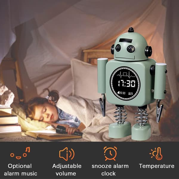Ljusgrön robotlarmklocka, barnklocka med LED-ti