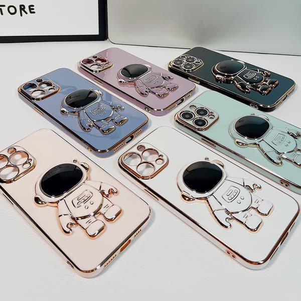 6D Electroplated Astronaut Foldable Stand Case for iPhone Women Astronaut Foldable Stand iPhone Case with Camera Protection Soft TPU Black{xh}