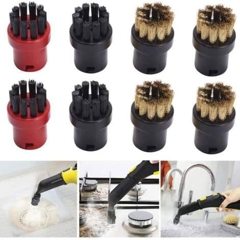 Sæt med 8 runde tilbehørsbørster, nylon + messingtråd til Karcher damprenser SC1 SC2 SC3 SC4 SC5 SC7