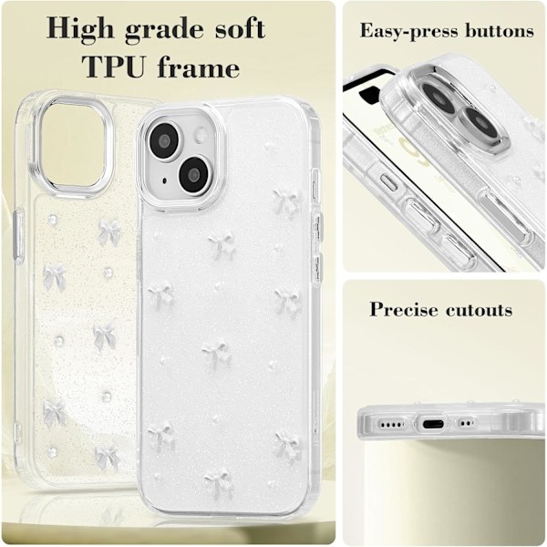 Skal för iPhone 15, Bling Glitter 3D Rosett Mobilskal Sött Glittrigt Kristallklart Rosett Slim Mjukt Tåligt Skyddande Skal Vit White iPhone 15