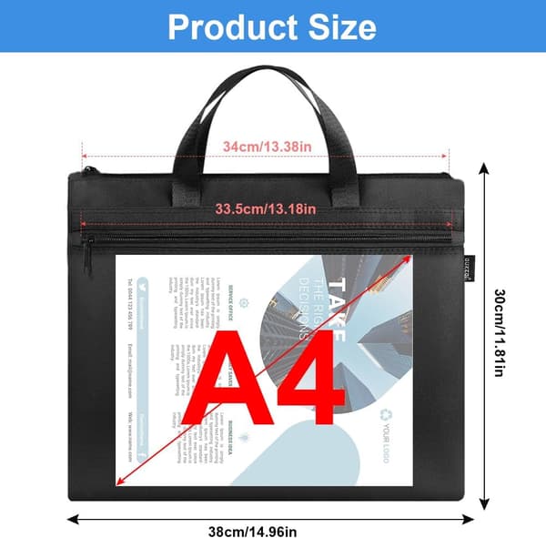 A4 Document Bag with Handle, Briefcase Pouch Zipper Bag with 2 Pockets Waterproof Oxford Document Storage Bag File Organizer