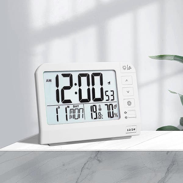 Large Digital Alarm Clock with LCD Screen, Backlight, Temperature, Battery Powered for Students and Professionals, White White