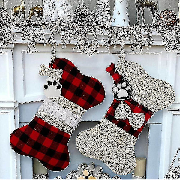 Julstrumpor för hundar, stora benformade strumpor i säckväv med rutig design, klassiska hängande strumpor till jul 1 st - röd