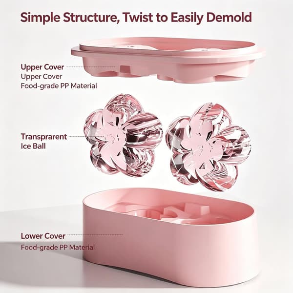 Ice Cube Mold - Cherry Blossom Ice Cube Molds with Lid, 2 Cavity Non-Stick Reusable Container, Cocktail and Drink Maker with Quick Release