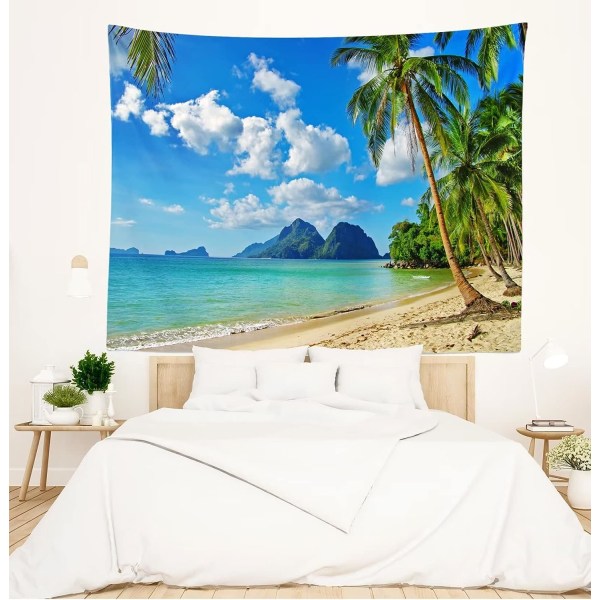 Ocean Beach Tapestry 90x75CM Tropical Island Palm Tree Waves Ekstra stort billedvev Sommer Hawaii Paradise Landskap Veggoppheng Hei