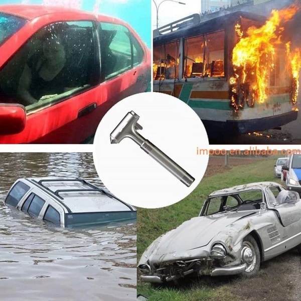 Bilsikkerhetshammer, brannsikker metall nødutløpshammer med vinduskutter i hardlegering og sikkerhetsbeltekutter, alu