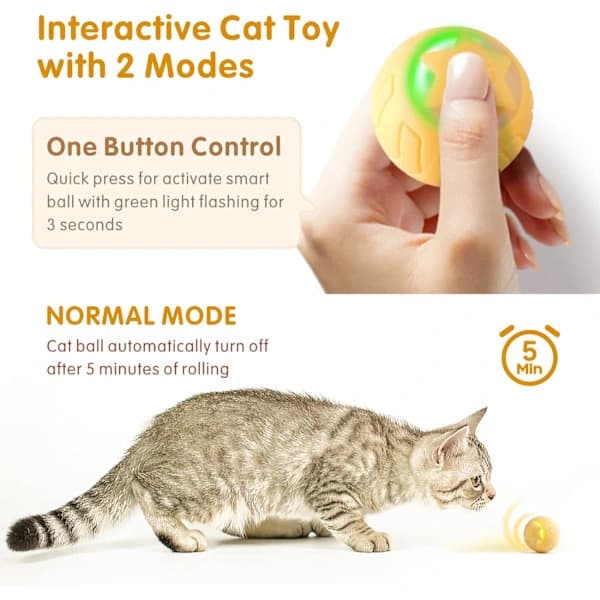 Interactive Cat Toy Ball, Automatic Rolling Cat Toys for Indoor Kitten, with 2 Modes, LED Lights Replaceable, Rechargeable, Yellow