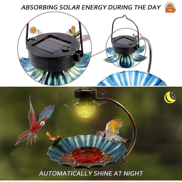 Solar fuglefoder, hængende vilde fugle foderautomater, udendørs solcelledrevet havelys, fuglefrøbakke til gårdhave Udsmykning af baggård