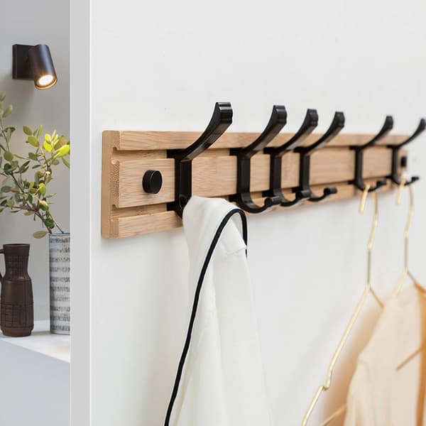 Wall-mounted wooden coat rack, movable hooks, adjustable distance