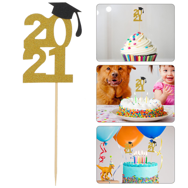 24 stk. 2021 Graduation Trencher Glitter Kage Toppers Kage Picks Kage Dekorationer Guld 6.5x3.5cm Golden 6.5x3.5cm