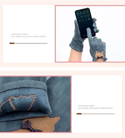 Mockasko i ruskind med broderede kattemotiver, touch screen-handsker til kvinder, varme og fløjlsbløde fingerhandsker med tegnet kat, sorte