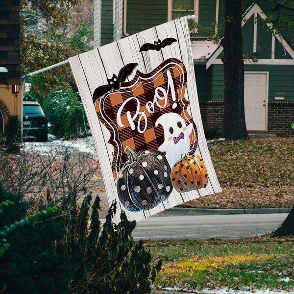 Fall House Lippu 12 × 18 tuumaa pystysuora Boo Pumpkin Ghost Halloween kiitospäivän kaksipuolinen säkkikangaslippu talon pihalle