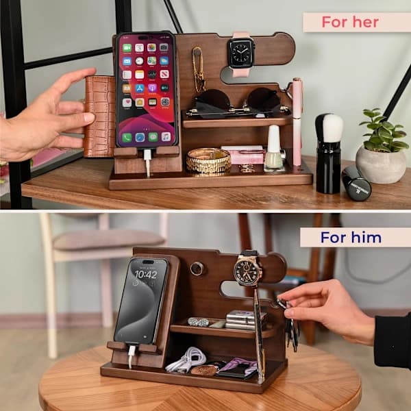 HA~Wooden Docking Station for Phone - Desk Accessories & Workspace Organizer - Nightstand Organizer