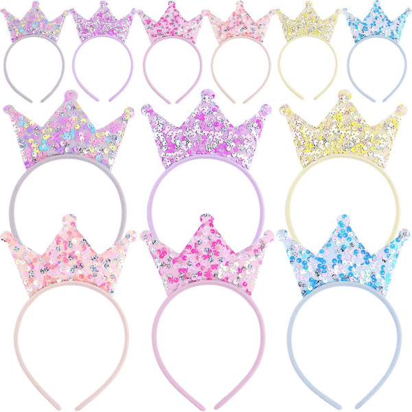 12pcs Girls Shiny Crown Hairband Sequin Crown Headband Glitter Headbands For Party FestiveAssorted C