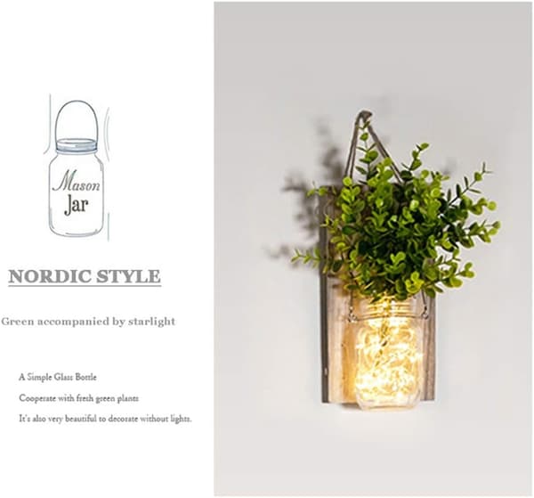 Rustic Wall Sconces, Mason Jar Lights, Farmhouse Decor, LED String Lights, Green Artificial Plant, Warm Tone Lighting for Home Decor. (2-Pack)
