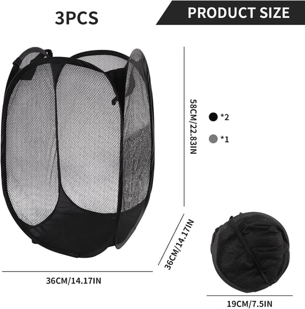 Foldable Laundry Basket Collapsible Pop-Up Hamper Portable Durable For Bathroom Camping Dorm Travel Storage Black 36x36x58 cm 3-pack
