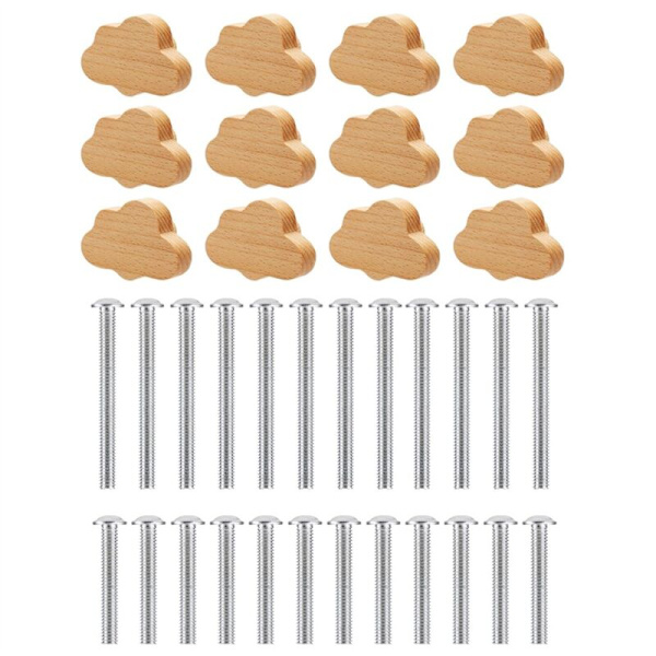 Boho Door Knobs - 12 Pack Durable Beech Wood Drawer Knobs, Cloud Shaped Handles for Cabinets, Furniture