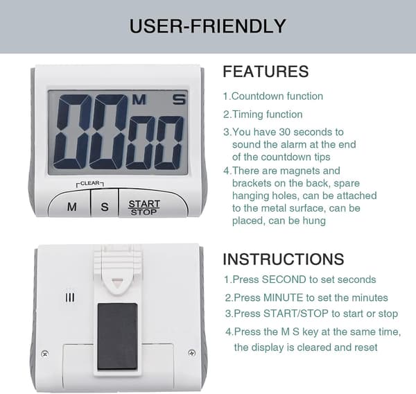 Digital timer (vit, batterier ingår ej), nedräkningstimer med stor skärm, multifunktionell kökstimer med högljudd LCD-display, liten bärbar elektronisk timer