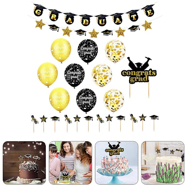 1 Sæt Graduation Party Balloner Banner Kage Toppers Sequin Balloner Kit (Sort Guld)Sort15X8cm