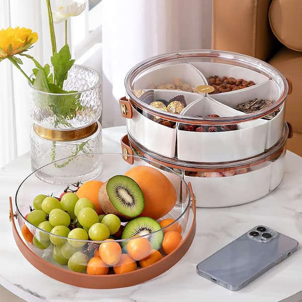 Round Transparent Serving Tray with Lid and Handle, Portable Snack Trays