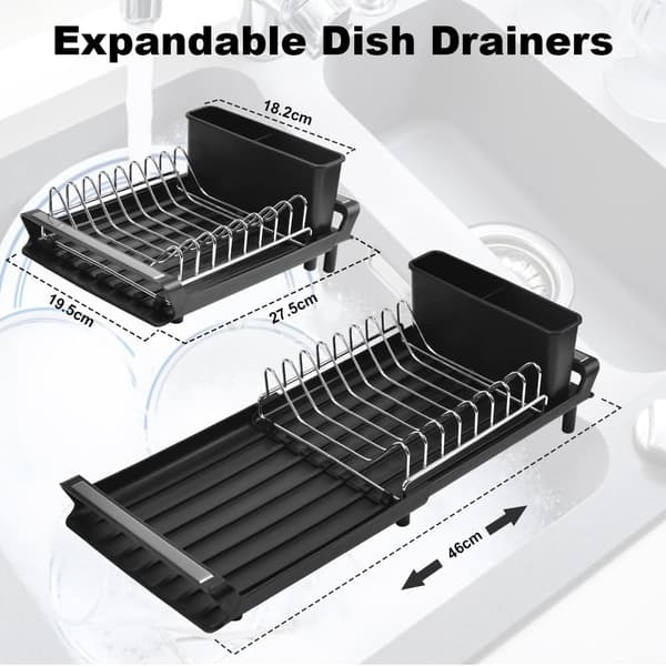 Stainless Steel Dish Drying Rack with Extendable Drainboard, Single Tier with Removable Cutlery Holder (Black)