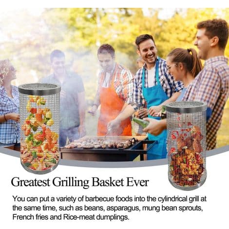 2 dele 20 cm grillkurv i rustfrit stål, rund grilltromle, roterende tromle, bærbart grillnet