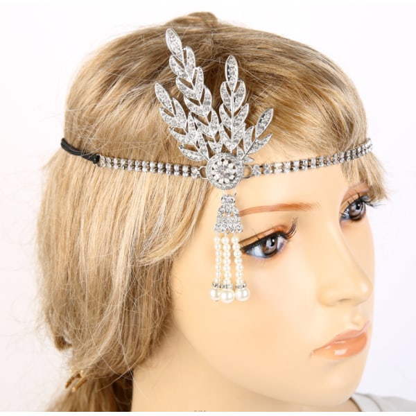 Tassel Headdress Leaf Pearl Headwear Headpiece Women Girls Hairband Hair Band Party Decoration Cosplay Costume Hair Accessories Silver