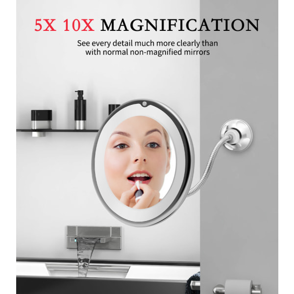 Fleksibelt forstørrelsesspejl med LED-lys 10X forstørrelse Kraftig sugekop Oplyst makeup-spejl Makeup-spejl