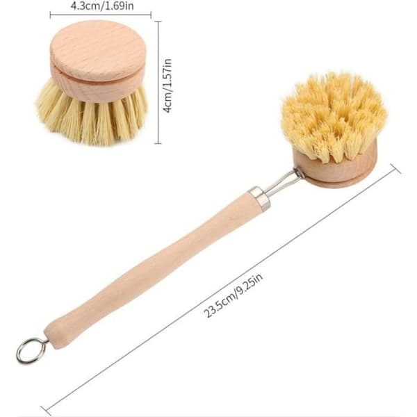 Kitchen Dish Brush, Long Handle Dish Brush, Wooden Cleaning Brushes with 3 Replaceable Heads - 1 Set