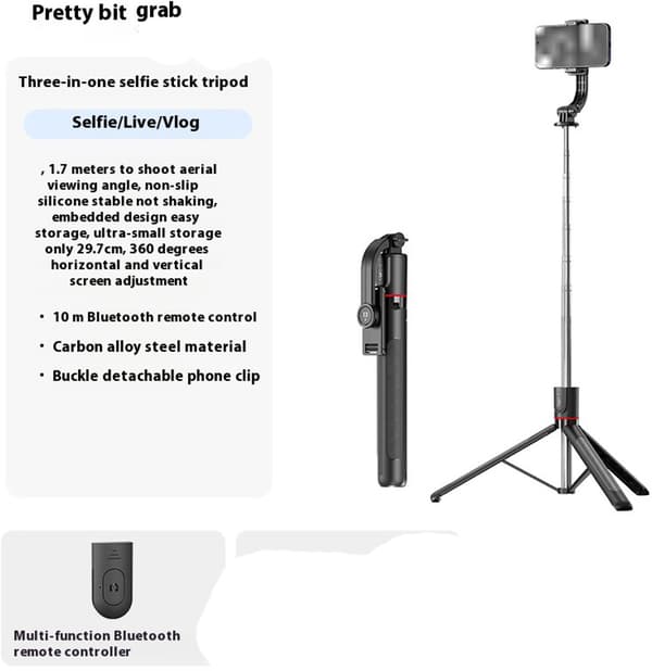 Selfie Stick Tripod With Integrated Wireless Remote Control, Extendable Phone Holder For Vlogging And Live Streaming, Black, 29.7 X 5.9 Cm