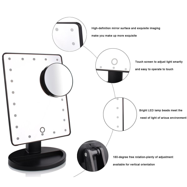 Musta valaistu peili, 10X suurentava led-meikkipeili, led-peili, USB ja akun lataus, 180° meikkipeili, Lu Magnifying Mi